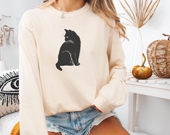 Schwarze Katze Silhouette Shirt Comfort Colors® Unisex, Gothic Halloween T-Shirt, Minimalistische Katzen-Liebhaber T-Shirt, süßes Katzen Mama Shirt, Vintage Haustier-Shirt