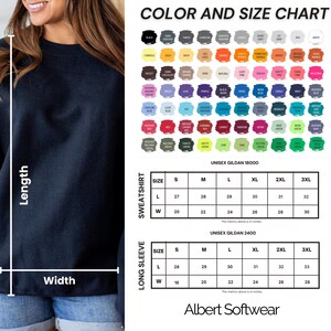The image is a color and size chart for a sweatshirt, showing the different color options and corresponding sizes.