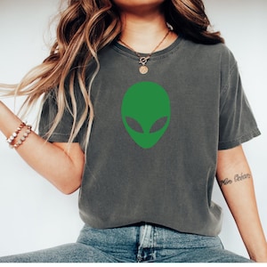 Green Alien Graphic T-Shirt, Funny Alien Tee, Comfort Colors® UFO Lover Gift, Extra Terrestrial Shirt, Sci-Fi Aesthetic Alien Face Tee