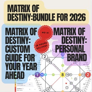 Puede incluir: Un gráfico con el texto "MATRIX OF DESTINY" y "BUNDLE FOR 2026". Incluye secciones etiquetadas como "CUSTOM GUIDE FOR YOUR YEAR AHEAD" y "PERSONAL BRAND". Dos círculos rojos indican "NO AI" y "48 HOURS DELIVERY".