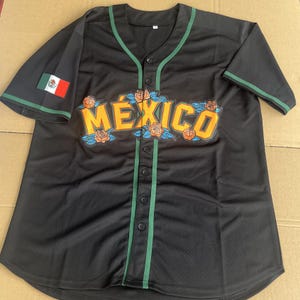 Mexican Pride Baseball Jersey-Black Virgin of Guadalupe Shirt with Rose Accents and MEXICO Lettering
