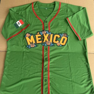 Mexican Pride Baseball Jersey-Green Virgin of Guadalupe Shirt with Rose Accents and MEXICO Lettering