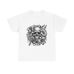 Gothic Floral Skull Tee for Rock Lovers, Unisex Heavy Cotton T-Shirt, Perfect for Festivals, Grunge Style, Gift for Him/Her