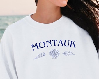 Montauk New York Sweatshirt Nautical Crewneck with Shells, Long Island Coastal Pullover, Beach Town Sweater, Montauk Gift, Hamptons Apparel