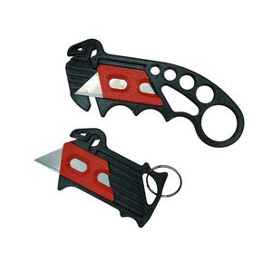 May include: Two black plastic utility knives with red accents and a silver blade. One knife has a key ring attached.