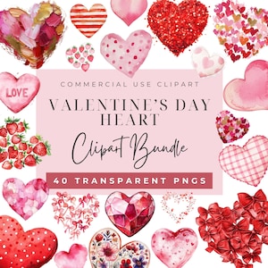 May include: A collection of 40 watercolour heart clip art images in various styles and colours, including red, pink, and white. The hearts are perfect for Valentine's Day crafts, cards, and decorations.  COMMERCIAL USE CLIPART VALENTINE'S DAY HEART Clipart Bundle 40 TRANSPARENT PNGS