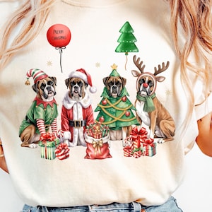 Festive Christmas design featuring four boxer dogs in holiday costumes. The boxer dogs are dressed as Santa Claus, a reindeer, a Christmas tree, and an elf, surrounded by Christmas gifts and decorations. High-quality digital PNG with transparent background, perfect for sublimation projects, holiday crafts, T-shirts, mugs, and unique Christmas gifts for boxer lovers and pet owners. Bright, detailed artwork that captures the joy of the holiday season.