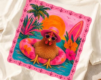 Preppy Huhn Sommer PNG, lustiges tropisches Strand Bauernhof Huhn Sublimationsdesign (digital)