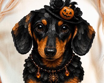 Halloween Dackel PNG, gruseliger Dackel Hund PNG, Hexe Dackel Sublimationsdesign, süßes Halloween Hundeshirt PNG (Digital)
