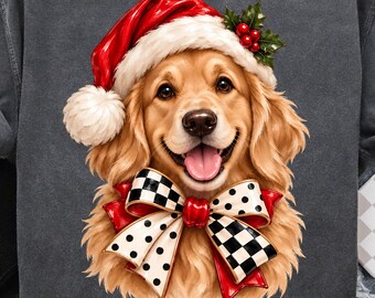 Golden Retriever Christmas PNG, Santa Hat Dog Sublimation, Checkered Polka Dot Bow PNG (Digital Download)