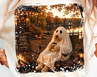 Lustiger Halloween-Geist-Hund PNG, gruseliger Goldendoodle PNG, Herbst Camping Hund Sublimation, Herbst Geist-Welpe Clipart-Shirt Design (Digital)