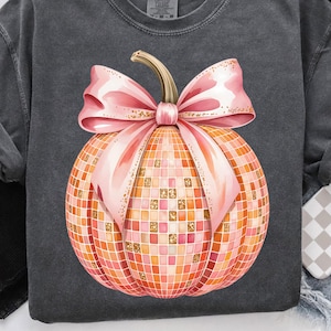Disco Pumpkin PNG with Pink Bow, Fall Halloween Sublimation Clipart, Coquette Glitter Pumpkin Shirt Design, Groovy Autumn Digital Download