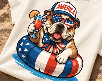 Bulldogge 4. Juli PNG, Patriotischer Hund Sublimationsdesign, Retro Amerika Hunde Sommer (Digital)