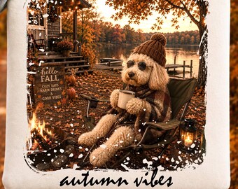 Herbst Goldendoodle PNG, Herbst Camping Hund PNG, Gemütliches Herbst Lagerfeuer PNG, Herbst Haus am See Sublimation Design (digitaler Download)