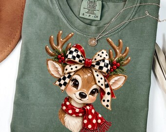 Christmas Reindeer PNG, Preppy Deer Sublimation, Checkered Bow Polka Dot Holiday Design (Digital Download)