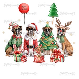 Festive Christmas design featuring four boxer dogs in holiday costumes. The boxer dogs are dressed as Santa Claus, a reindeer, a Christmas tree, and an elf, surrounded by Christmas gifts and decorations. High-quality digital PNG with transparent background, perfect for sublimation projects, holiday crafts, T-shirts, mugs, and unique Christmas gifts for boxer lovers and pet owners. Bright, detailed artwork that captures the joy of the holiday season.