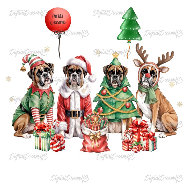 Festive Christmas design featuring four boxer dogs in holiday costumes. The boxer dogs are dressed as Santa Claus, a reindeer, a Christmas tree, and an elf, surrounded by Christmas gifts and decorations. High-quality digital PNG with transparent background, perfect for sublimation projects, holiday crafts, T-shirts, mugs, and unique Christmas gifts for boxer lovers and pet owners. Bright, detailed artwork that captures the joy of the holiday season.