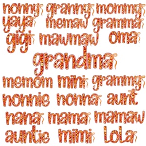 Paquete de 22 PNG de nombres familiares de otoño, clipart de calabaza, abuela, mamá, mimi y tía, sublimación de palabras con letras de otoño para diseño de camisetas de Acción de Gracias, femenino