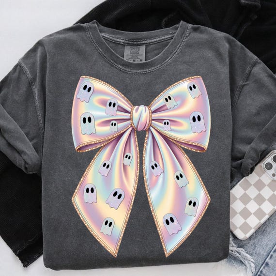 Pastel Ghost Bow PNG: Holographic Rainbow Halloween Clipart (Digital Download)