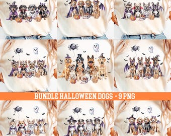 Può includere: Una collezione di nove magliette color crema, ognuna con un design unico di cani a tema Halloween. I cani sono in costume, con zucche, pipistrelli, ragni e fantasmi. Il testo "BUNDLE HALLOWEEN DOGS - 9 PNG" è visualizzato.