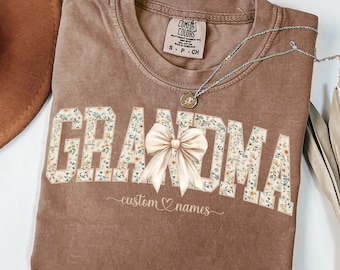 Custom Grandma PNG with Names, Boho Floral Grandma Bow Shirt, Sublimation Clipart (Digital)