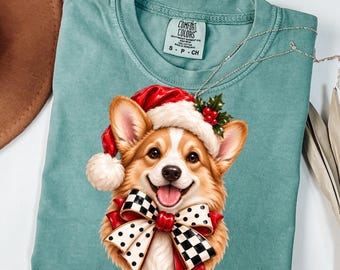 Corgi Christmas PNG, Santa Hat Corgi Sublimation, Checkered Polka Dot Bow Holiday Dog PNG (Digital Download)