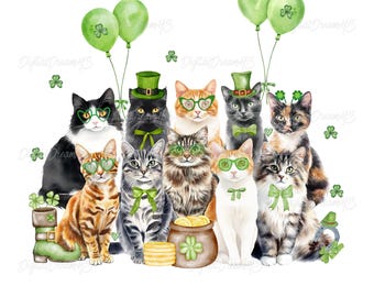 Watercolor St Patricks Day Cats PNG: Shamrock Cat Design