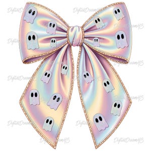 Pastel rainbow bow with holographic shimmer, decorated with cute white ghost illustrations. Digital design with soft pink, blue, yellow, and lavender hues. The bow has glittery golden edges, perfect for Halloween-themed girl designs, shirts, sublimation projects, stickers, or party printables. Transparent background PNG file for crafting and digital use.
