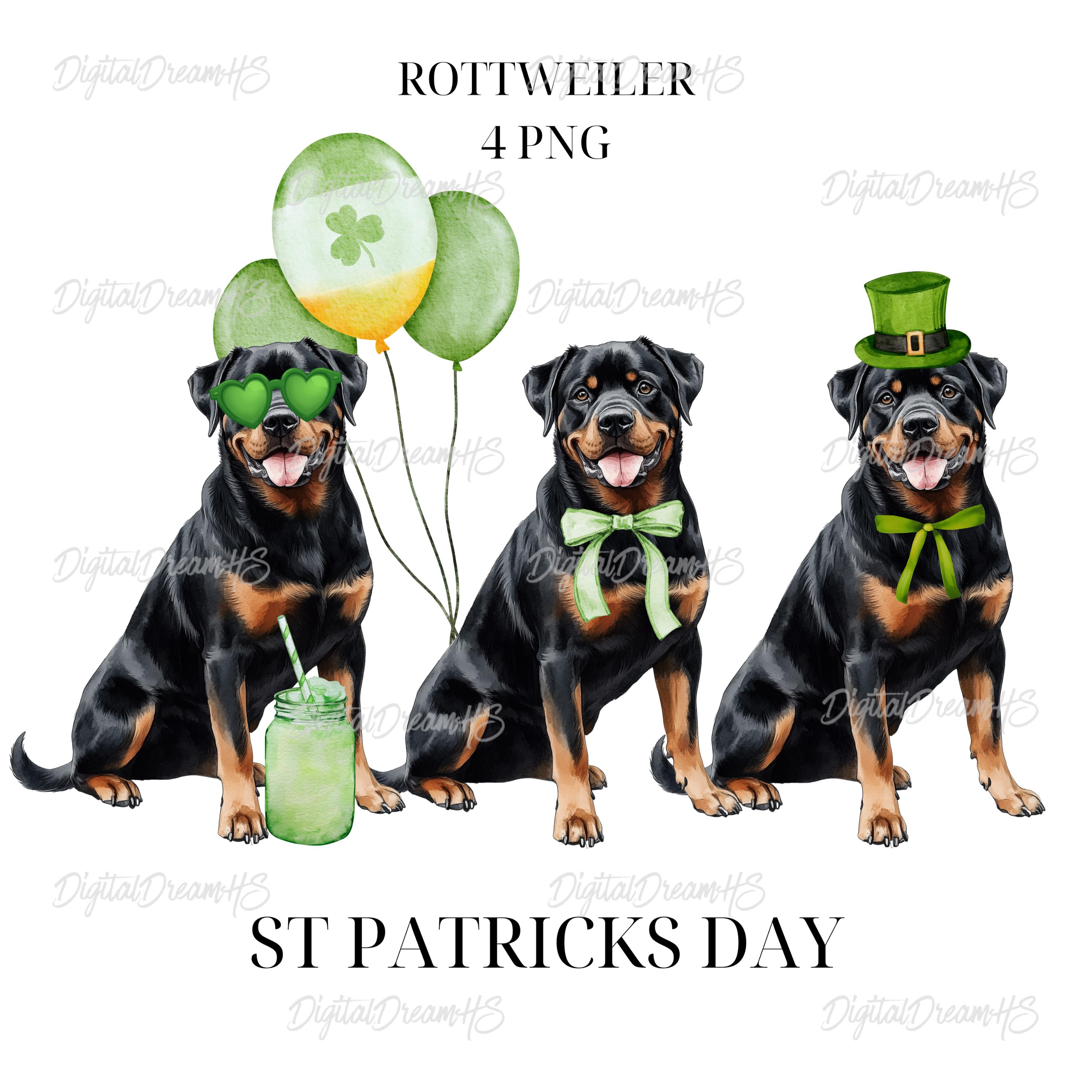 Watercolor Rottweiler St Patricks Day PNG: Shamrock Dog (digital