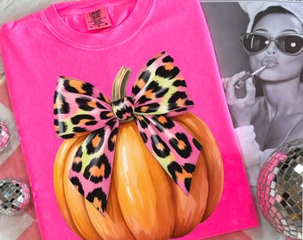 Leopard Kürbis PNG - Neon Pink Schleife, Herbst Shirt Design (Digital Download