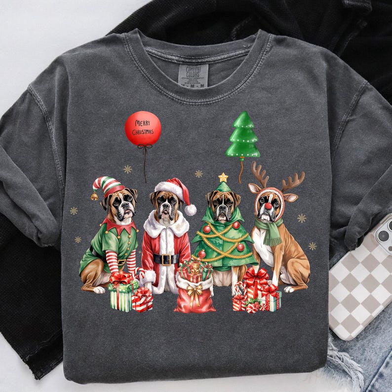 Festive Christmas design featuring four boxer dogs in holiday costumes. The boxer dogs are dressed as Santa Claus, a reindeer, a Christmas tree, and an elf, surrounded by Christmas gifts and decorations. High-quality digital PNG with transparent background, perfect for sublimation projects, holiday crafts, T-shirts, mugs, and unique Christmas gifts for boxer lovers and pet owners. Bright, detailed artwork that captures the joy of the holiday season.