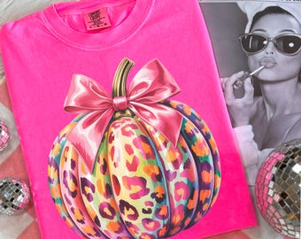 Leopard Kürbis PNG: Neon Regenbogen Druck mit rosa Schleife, Digital Download