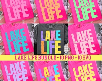 Neon Lake Life Shirt Design: Distressed Summer Clipart (PNG SVG Bundle)