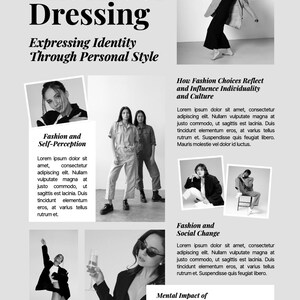 Op de afbeelding: Een magazinecover met de titel "De kunst van kleden: Identiteit uitdrukken door persoonlijke stijl". De cover toont zwart-witfoto's van mensen die verschillende kledingstijlen dragen. De tekst op de cover bespreekt hoe modekeuzes individualiteit en cultuur weerspiegelen en beïnvloeden.