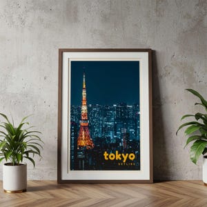 Japan Travel Poster - Tokyo Skyline Nightscape and Tokyo Tower Wall Art | Japan Poster and Tokyo Travel Print | Minimalist Cityscape Décor