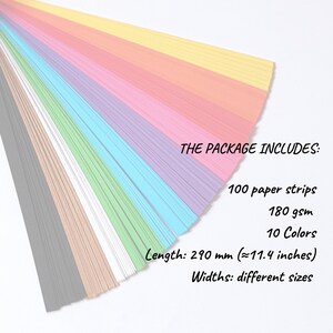 10 Colors Quilling Paper Strips - High Quality 180 gsm Rainbow Palette Set DIY Kit, Typography & 3D Effect, Perfect Craft Supplies. Quilling paper strips in various widths, including 3mm, 5mm, 7mm, and 10mm. The paper is 180 GSM and comes in a pack of 100 strips. The text on the image reads '180 GSM 100 strips/pack 3 mm, 5 mm, 7mm, 10 mm Best for - On-edge quilling, Lettering, Outline quilling and Structured designs'.
