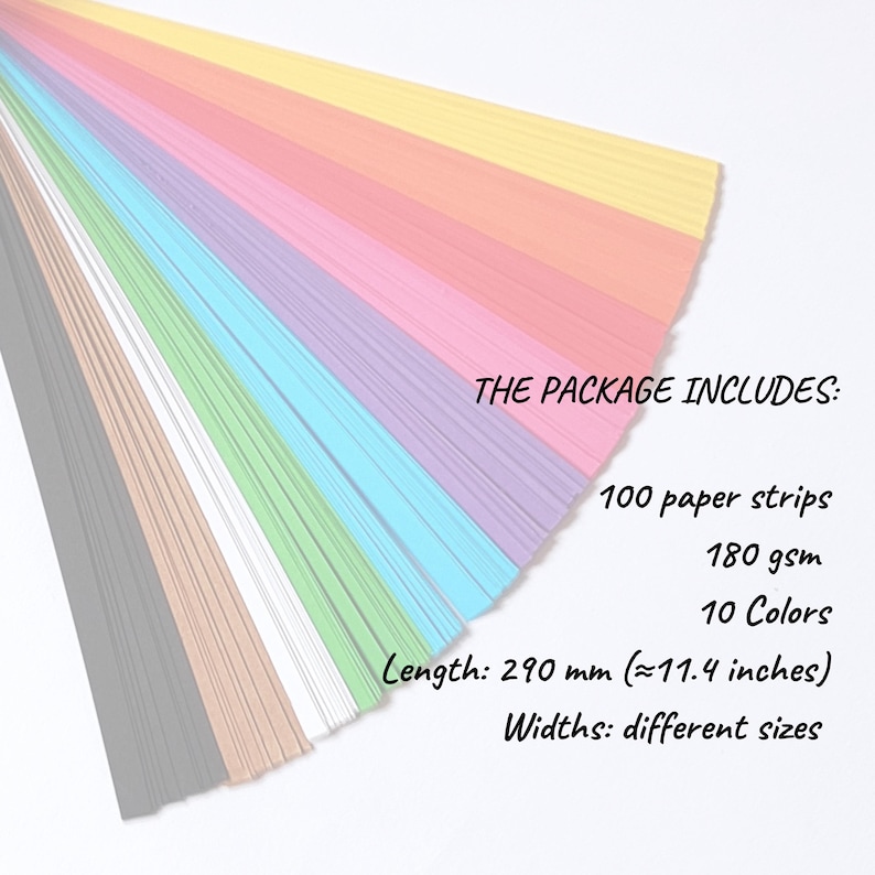 10 Colors Quilling Paper Strips - High Quality 180 gsm Rainbow Palette Set DIY Kit, Typography & 3D Effect, Perfect Craft Supplies. Quilling paper strips in various widths, including 3mm, 5mm, 7mm, and 10mm. The paper is 180 GSM and comes in a pack of 100 strips. The text on the image reads '180 GSM 100 strips/pack 3 mm, 5 mm, 7mm, 10 mm Best for - On-edge quilling, Lettering, Outline quilling and Structured designs'.