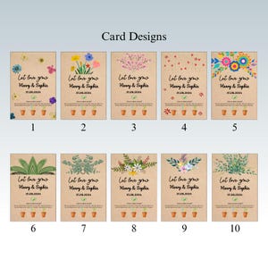Op de afbeelding: Tien zaadpakketkaarten met de tekst "Let love grow" en gepersonaliseerde namen en een datum. Elke kaart heeft een ander bloemen- of botanisch ontwerp, inclusief bloemen en groen.