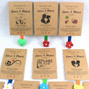 Kundenspezifische Hochzeit favorisiert Samenpapierformen. Personalisierte Wildblumen Blumensamen Papierkarten. Taufe Gastgeschenke. Umweltfreundliche Geschenke für Gäste.