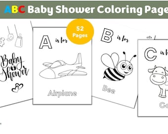 52 Pages ABC Baby Shower Coloring Book, Baby's First ABC Book,Bears Theme Alphabet Book,Baby Shower Game Or Activity,Printable PDF,