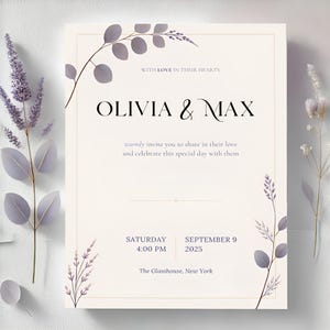 Elegante lavendelhuwelijksuitnodiging – handgetekend botanisch ontwerp | Aanpasbare canvassjabloon