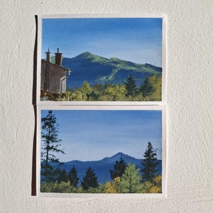 Parure.Gouache.10 x 15 cm.Montagnes des Balkans. Paysage. Peinture de montagnes. Petit tableau