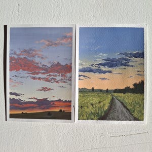 Gouache art.10 x 15 cm (4 x 6 po.). "Beauté des couchers de soleil". Pièce unique.Coucher de soleil rose.Ciel.  Paysage. Peinture à la gouache. Marque-page