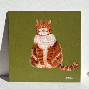 Acryl kat schilderij 20 x 20 cm (8 x 8 inch) gratis verzending kunst aan de muur rode kat zonneschijn kat gember kat olijfgroene kunst huisdier minnaar cadeau