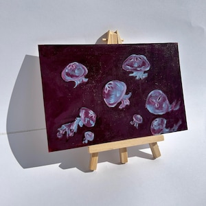 Meduse acriliche Arte dipinta a mano 20 x 13 cm Dipinto acrilico originale Medusa blu Borgogna Regalo per lei Regalo di compleanno