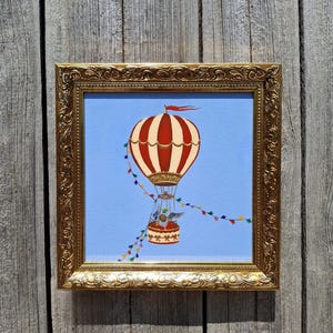 Acrylic painting on hardboard.20x20cm+ frame.One of a kind. Perfect gift.hot air balloon.Duck circus  Dance in the sky