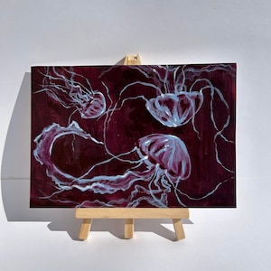 Arte acrilica Arte dipinta a mano Arte bordeaux Meduse Arte originale Pittura acrilica 20x14 regalo per gli amanti delle meduse