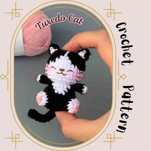 Smiling Black White Cat Crochet Pattern Tuxedo Cat Cute Little Baby Kitten Amigurumi Keychain Sitting Playful Fun Animal Bicolor Cat Plush