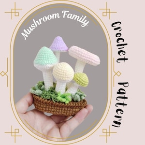 Virkmönster för svampfamilj i kruka, svampmossa och gräs i kruka, amigurumi med 5 olika mössor, realistiska svampar, trädgårdsväxt och blomma