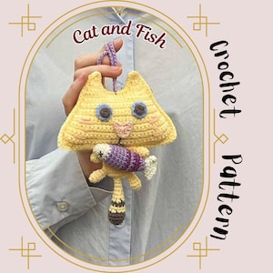 Cat and Fish Crochet Pattern Big Face Tabby Loaf Cute Animal Car Charm Bag Pendant Amigurumi Baby Kitten and Sardine Beginner Friendly